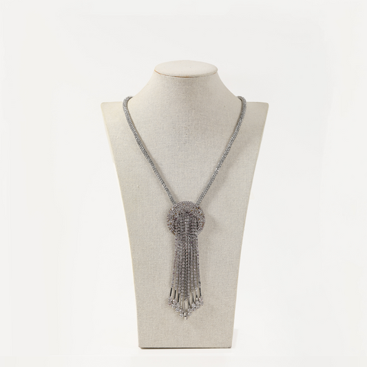 Silver crystal tassel choker necklace