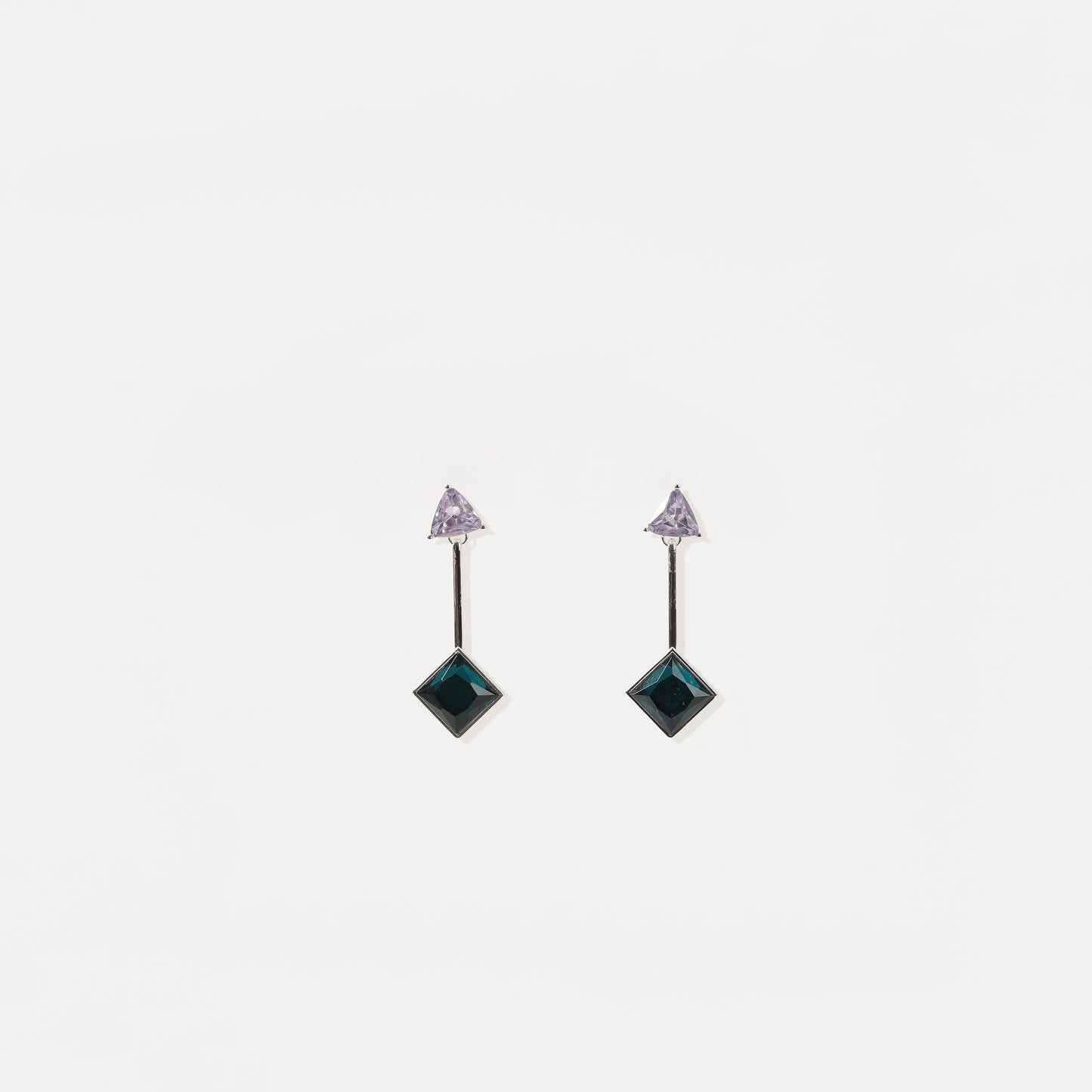 Silver drop earring with lavender triangle crystal top and teal square-cut crystal bottom