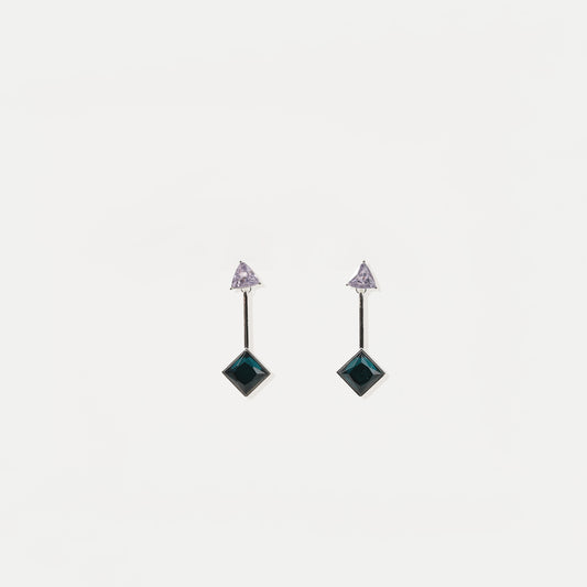 Silver drop earring with lavender triangle crystal top and teal square-cut crystal bottom