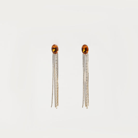 Silver drop earring with orange crystal top and multi-chain tassel