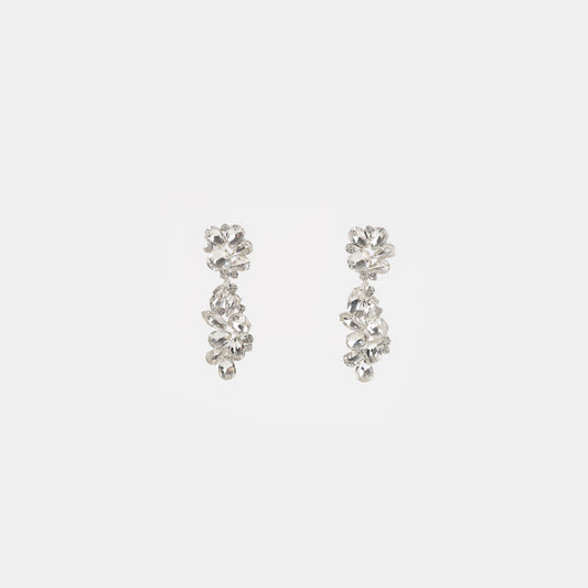 Silver floral crystal cluster drop earrings