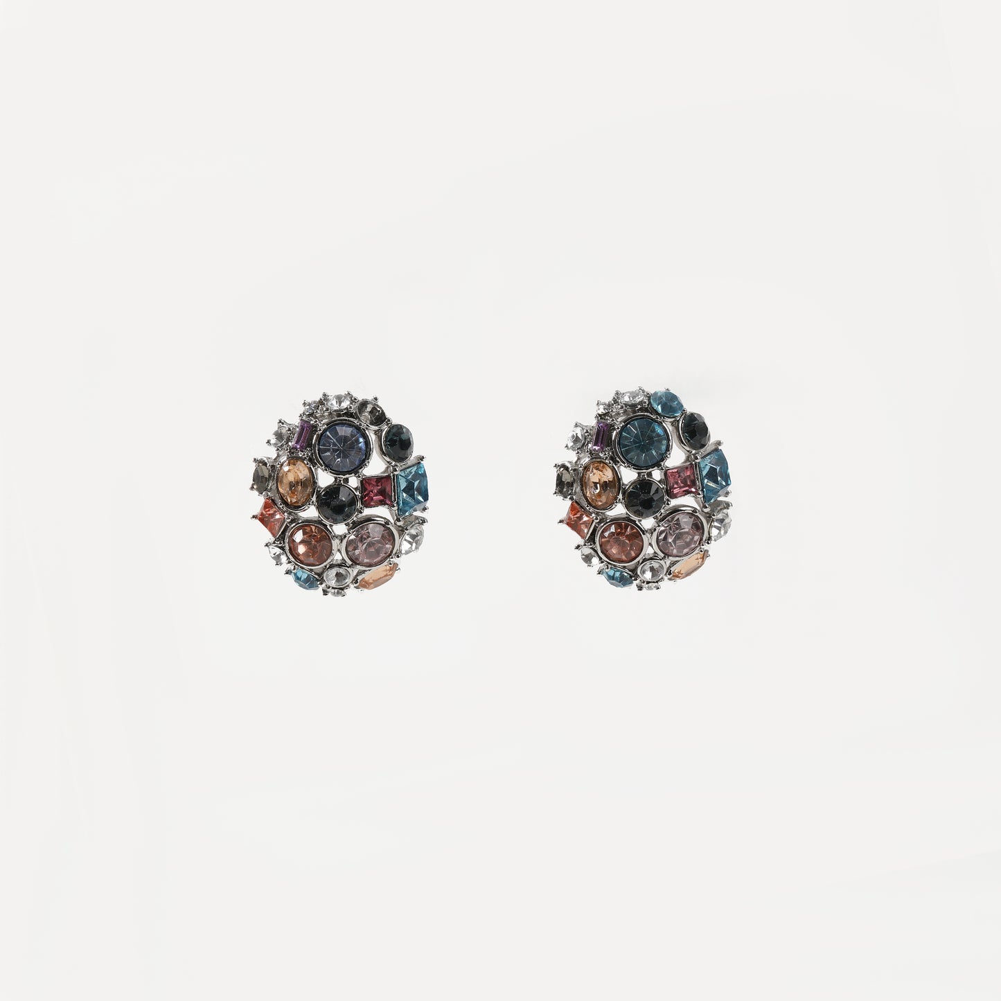 Silver multi-color crystal cluster stud earring