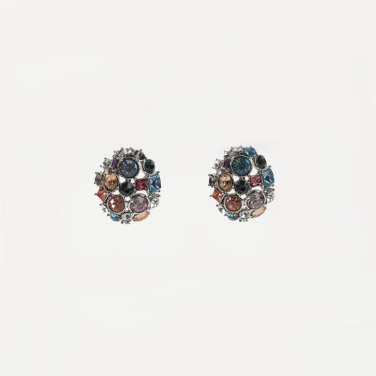Silver multi-color crystal cluster stud earring