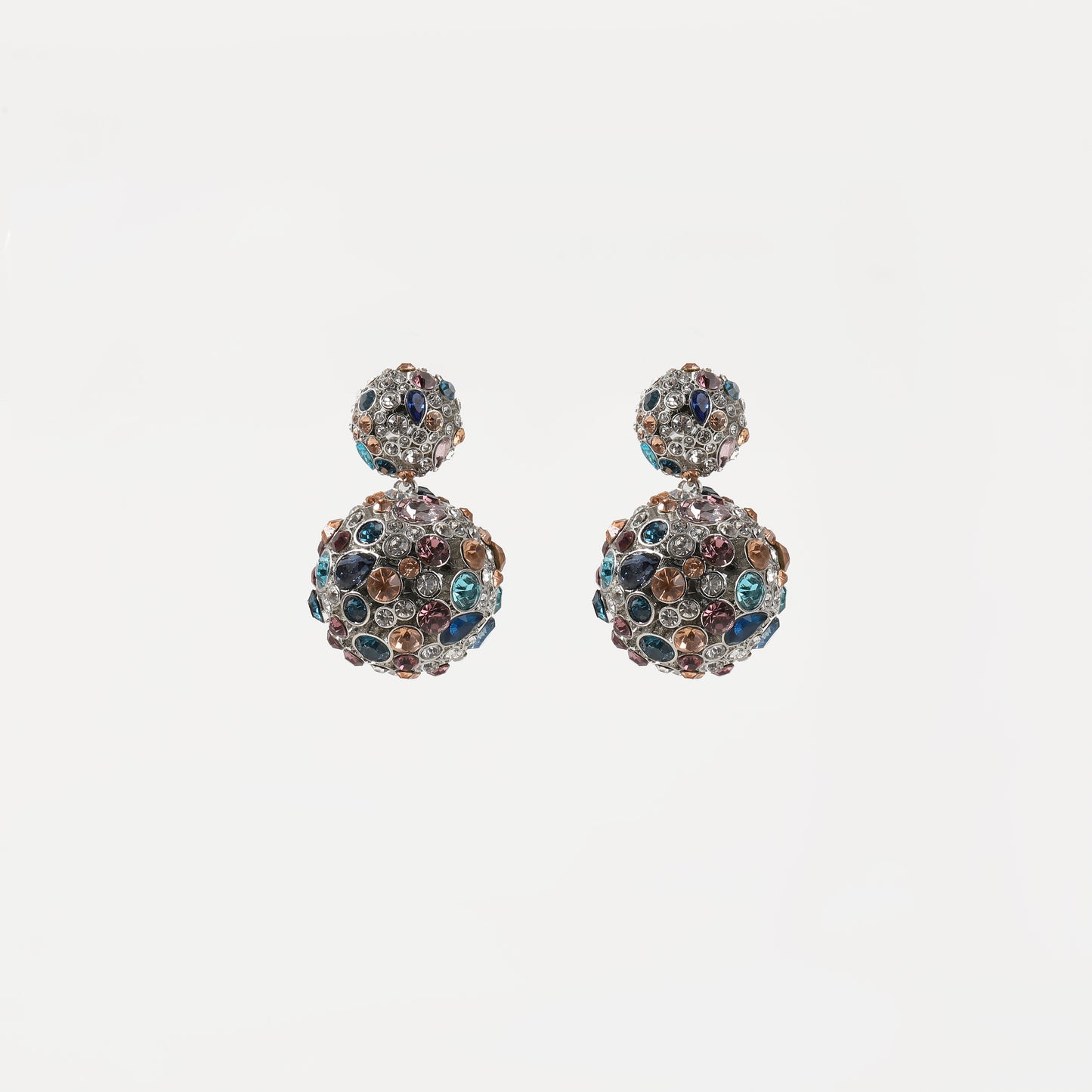 Silver multi-color crystal double ball drop earring