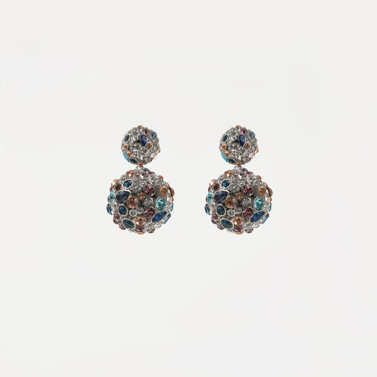 Silver multi-color crystal double ball drop earring