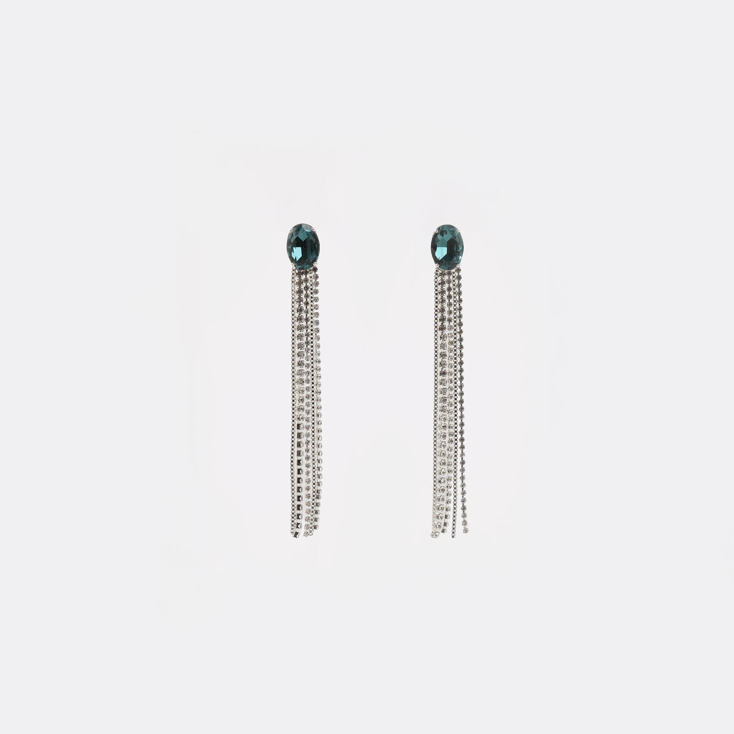 Silver teal crystal with multi-chain tassel drop earrings