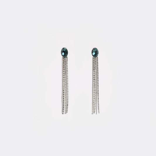 Silver teal crystal with multi-chain tassel drop earrings