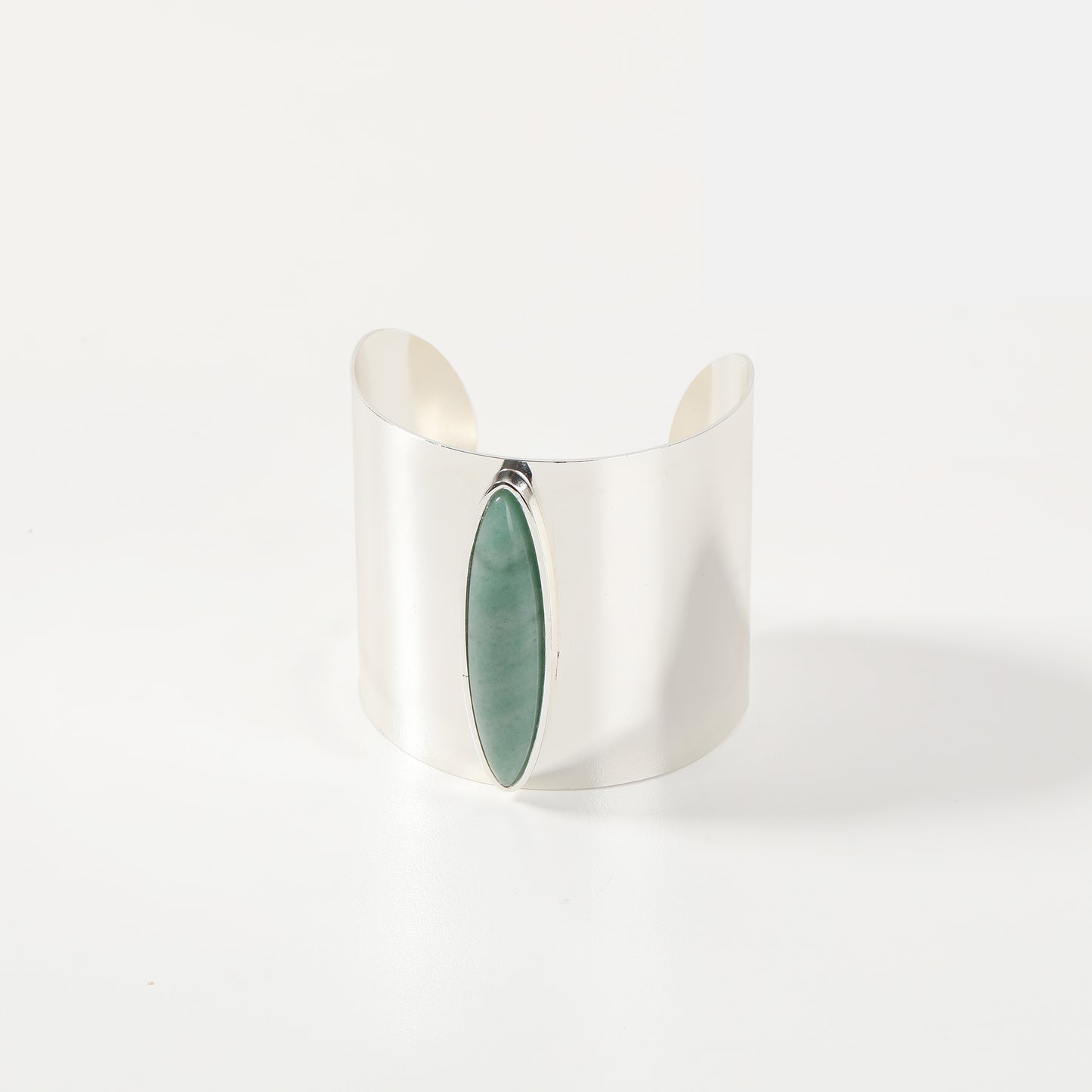 Silver wide cuff bracelet with green aventurine marquise stone