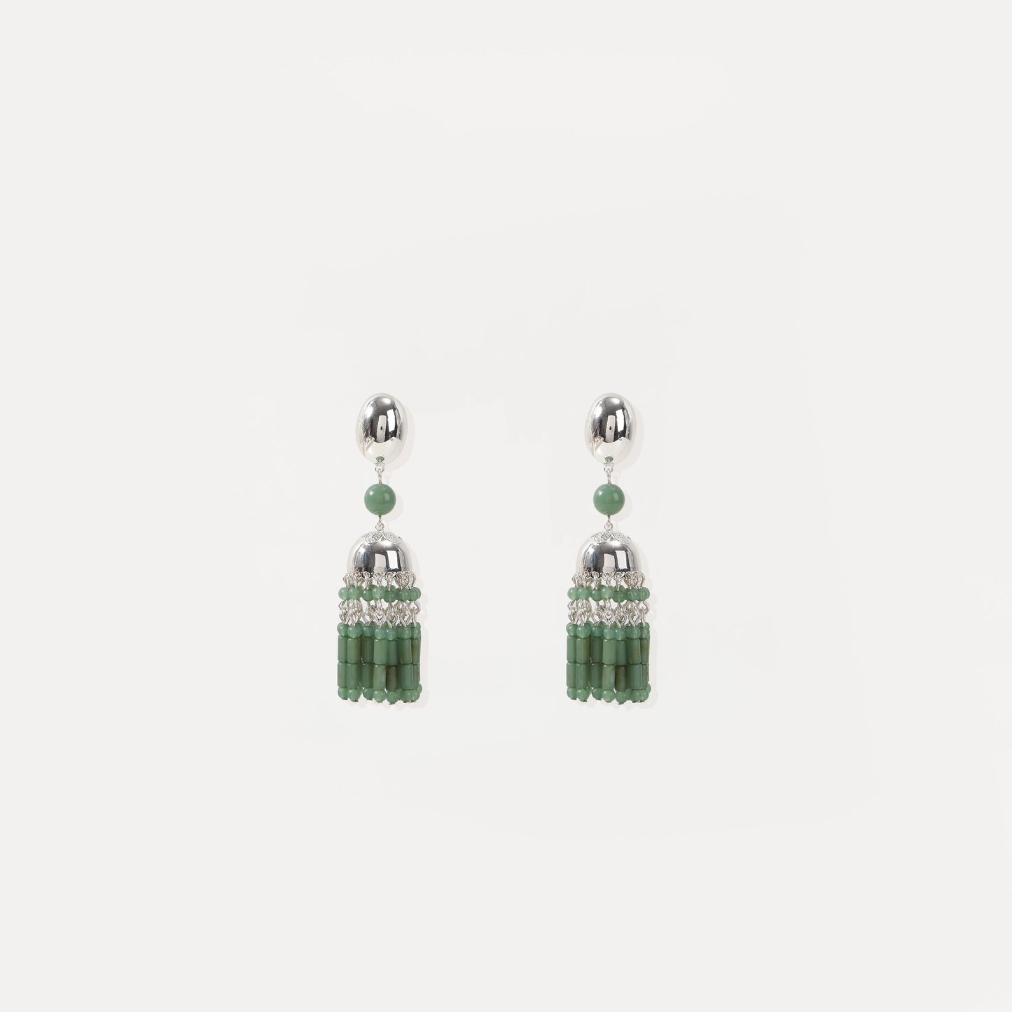 Silver with green jade bead tassel drop earrings