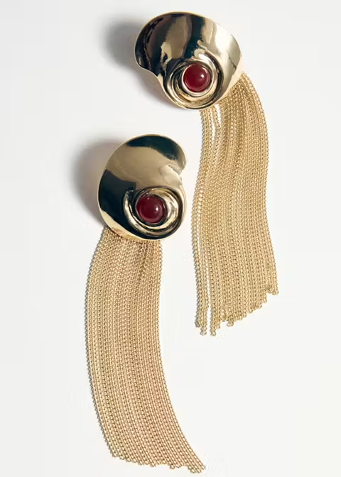 Spiral Shell Red Cabochon Stone Multi-Chain Tassel Drop Earrings