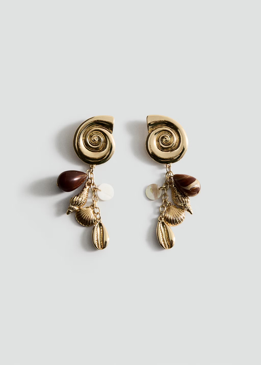Spiral Snail Shell Multi Tassel Shell Drop Gold Stud Earrings