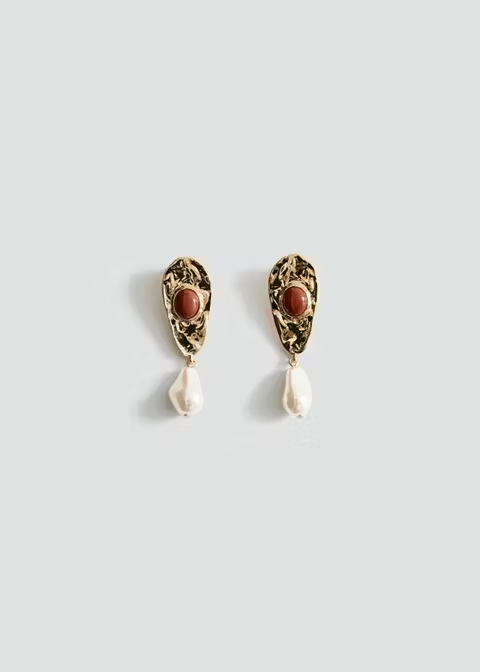 Textured Teardrop Red Stone Baroque Pearl Drop Earrings