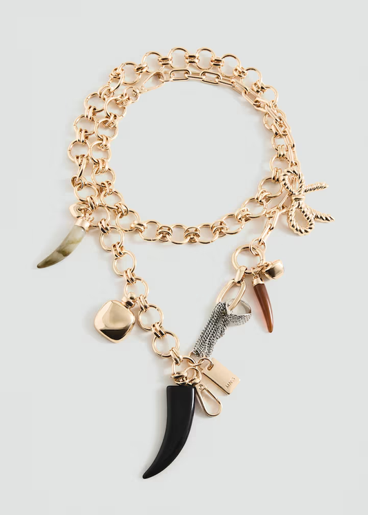 Thick Cable Chain Multi-Charm Horn Pendant Gold Bracelet
