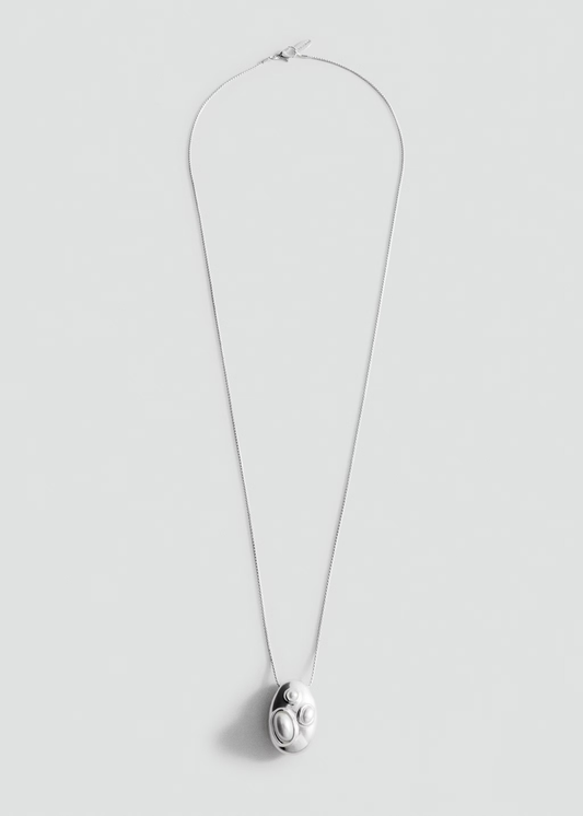 Thin Snake Chain Embossed Multi-Bump Oval Pendant Silver Necklace