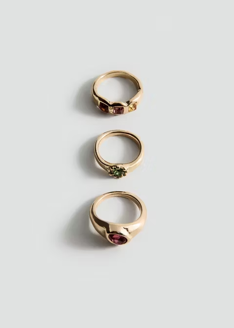 Three-Piece Mixed Gemstone Gold Stacking Ring Set