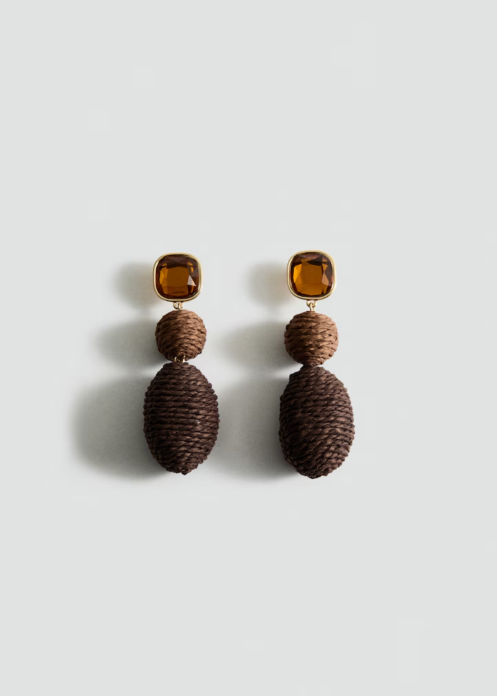 Topaz Square Stone Multi-Layer Raffia Wrapped Bead Drop Earrings