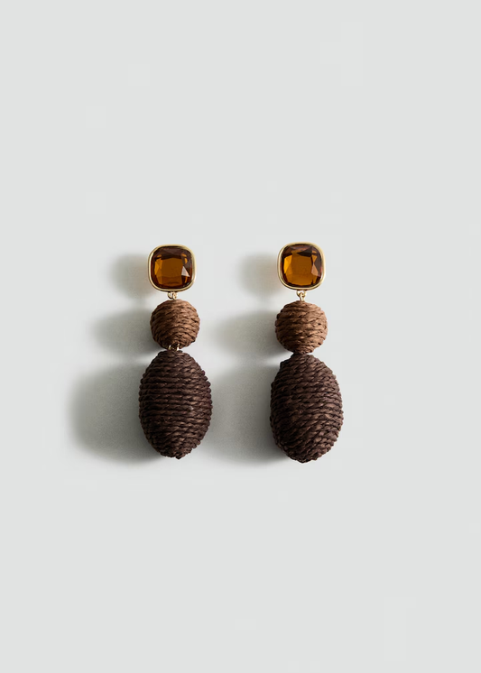 Topaz Square Stone Multi-Layer Raffia Wrapped Bead Drop Earrings