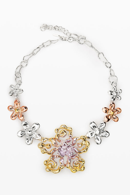 Tri-Tone Floral Statement Necklace (Gold, Silver, Rose Gold)