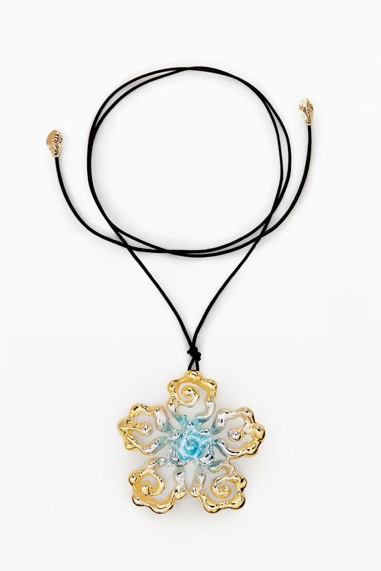 Tri-Tone Swirl Floral Pendant Cord Necklace (Gold, Silver, Blue)