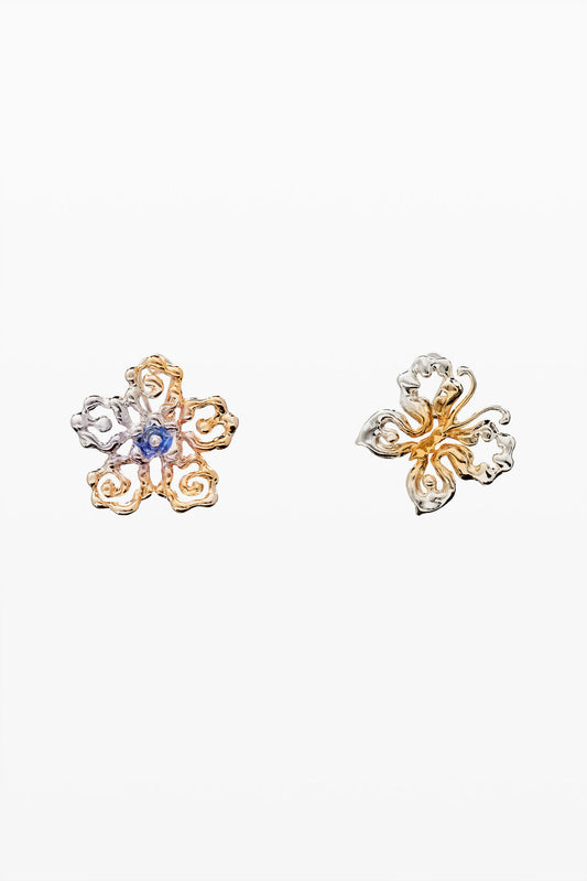 Tri-Tone Swirl Floral Stud Earrings with Blue Crystal Accent