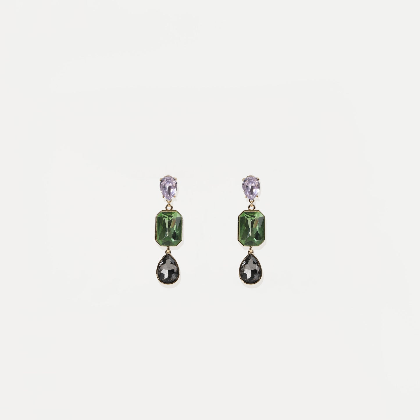 Tri-color crystal drop earring with lavender, green and black faceted stones