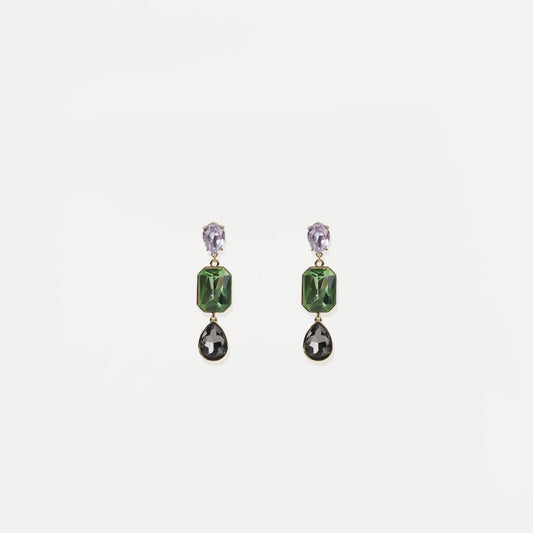Tri-color crystal drop earring with lavender, green and black faceted stones