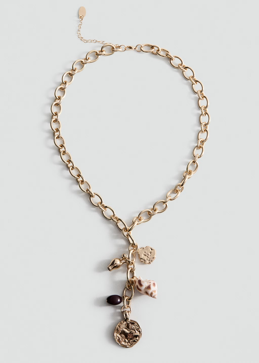 Twist Link Gold Chain Multi-Charm Seashell Coin Pendant Necklace