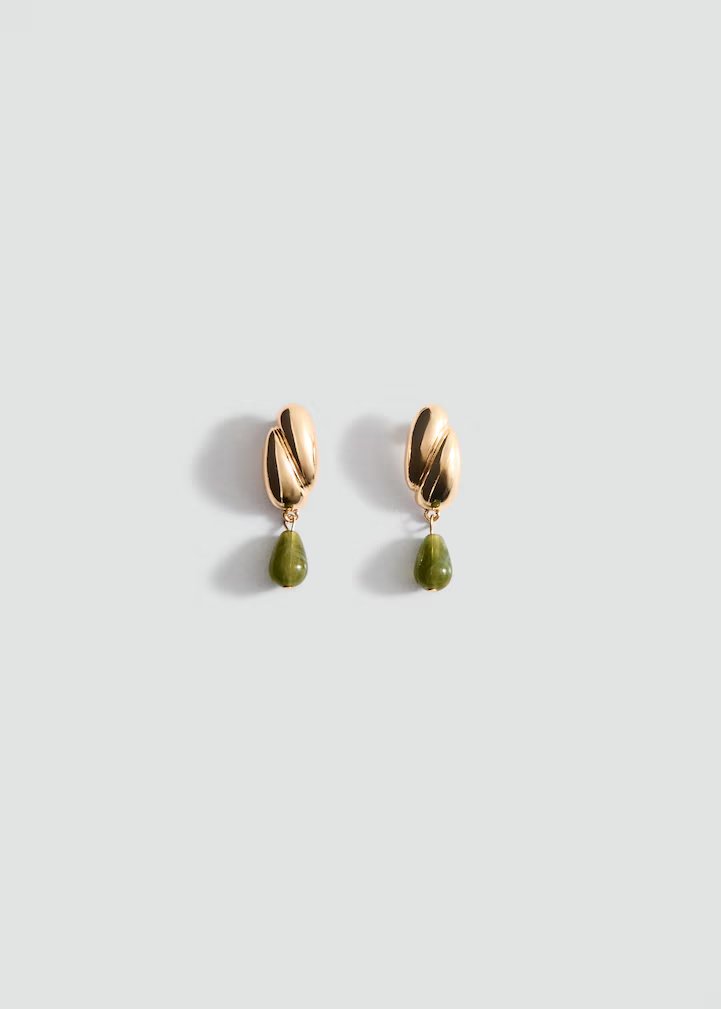 Twist Metal Bar Green Teardrop Stone Drop Earrings