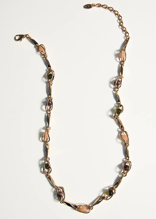 Twist Wire Wrapped Multi-Colour Natural Bead Linked Chain Necklace