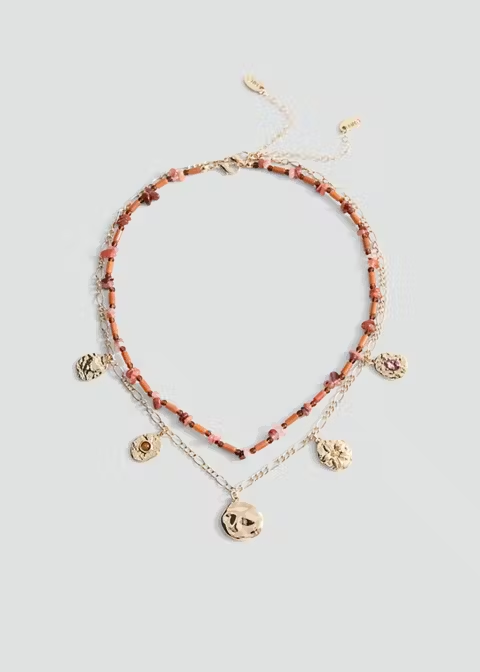 Two-Layer Beaded Irregular Coin Charm Gold Necklace