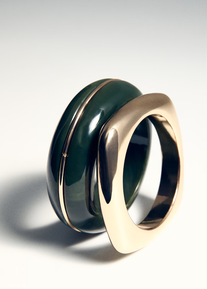 Two-Piece Interlocked Dark Green Stone & Square Frame Gold Ring