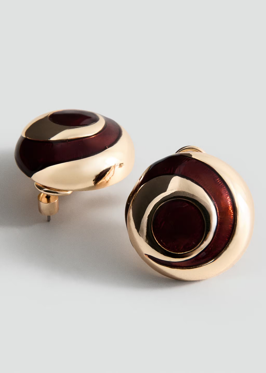 Two-Tone Gold Burgundy Enamel Spiral Round Stud Earrings