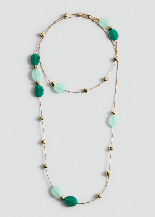 Two-Tone Green Matte Bead Long Gold Chain Necklace