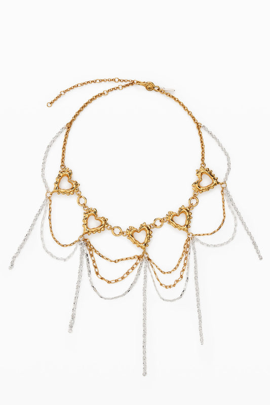 Two-Tone Heart & Chain Fringe Statement Necklace (Gold & Silver)