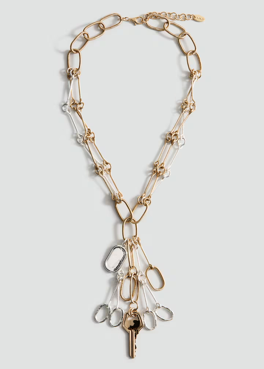 Two-Tone Mixed Link Key & Multi-Oval Charm Y-Drop Statement Necklace
