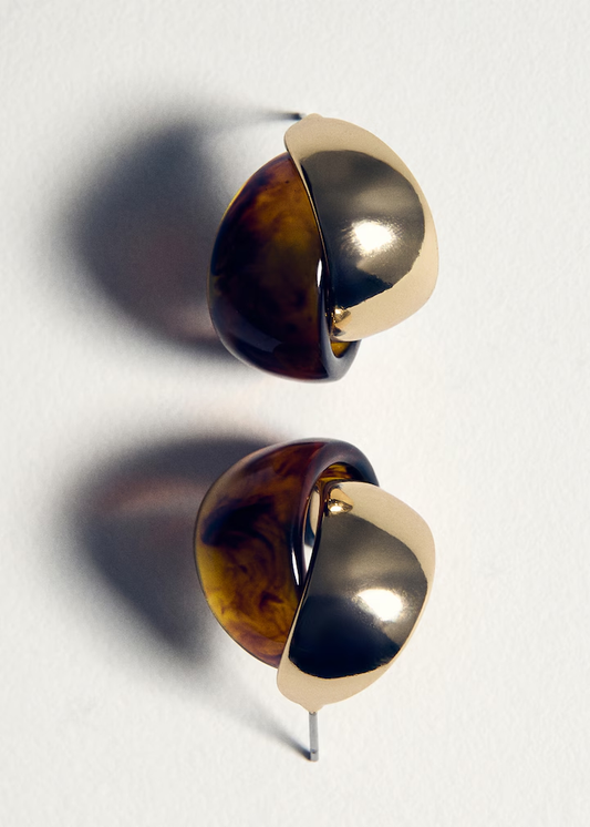 Two-Tone Tortoise Resin & Gold Curved Hoop Stud Earrings