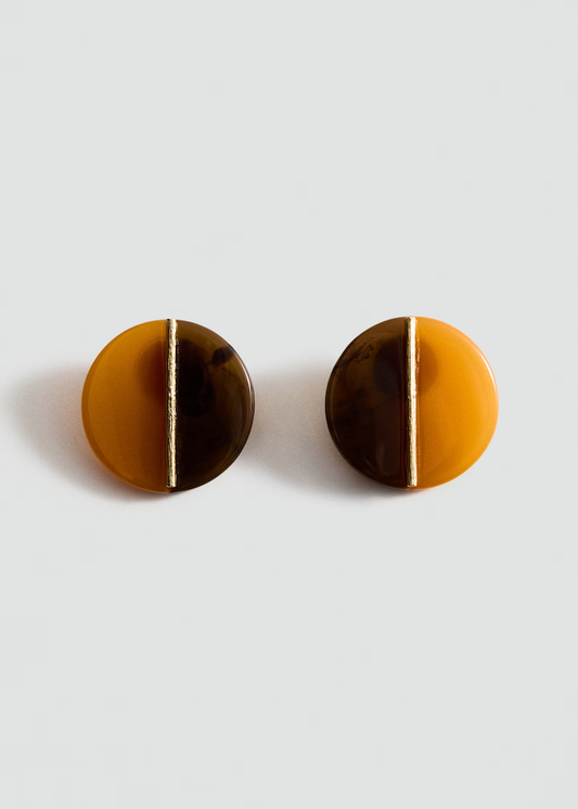 Two-Tone Tortoise Shell Vertical Gold Inlay Round Stud Earrings