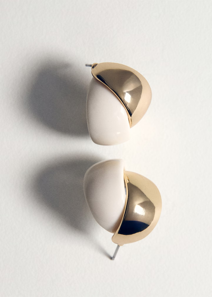Two-Tone White Resin & Polished Gold Curved Stud Earrings