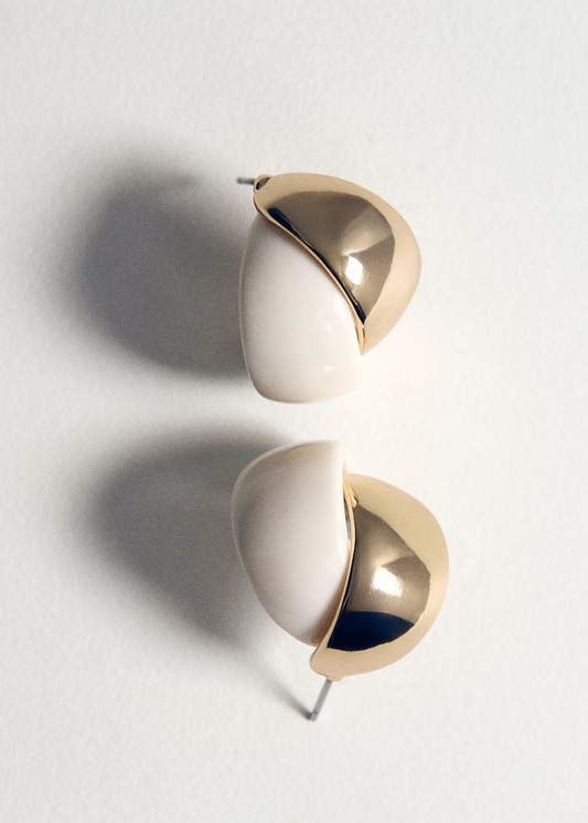 Two-Tone White Resin & Polished Gold Curved Stud Earrings