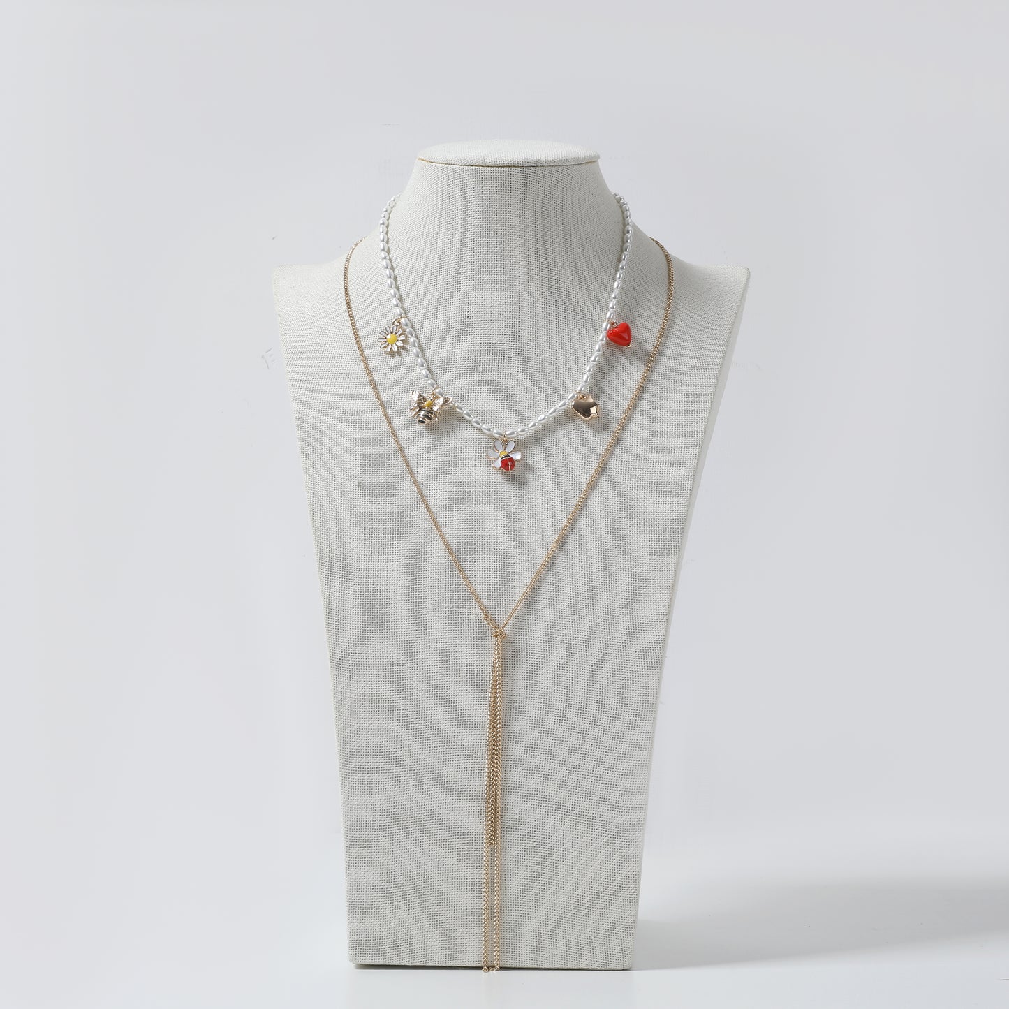 White Beaded Charm & Gold Tassel Layered Necklace