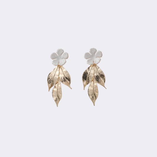 White Enamel Flower & Gold Leaf Drop Earrings