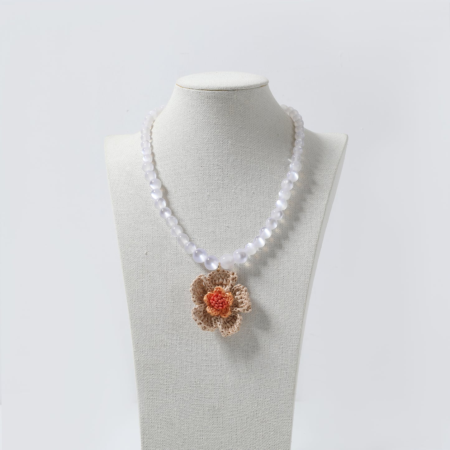 White Frosted Bead & Crochet Flower Pendant Necklace