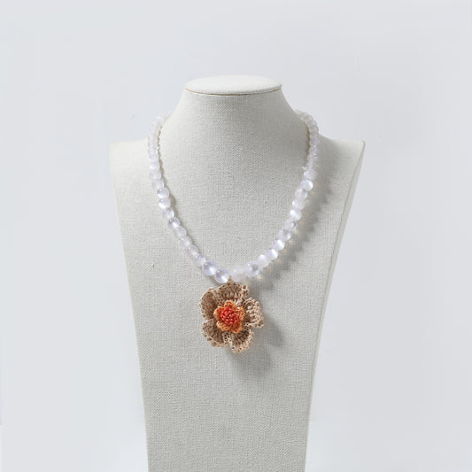 White Frosted Bead & Crochet Flower Pendant Necklace