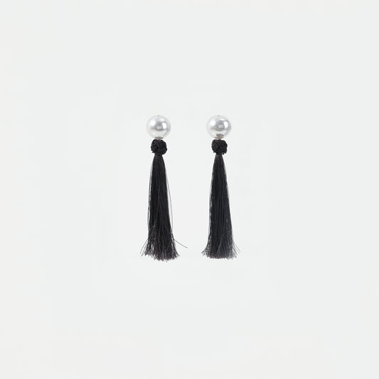 White pearl with black knotted tassel drop earrings