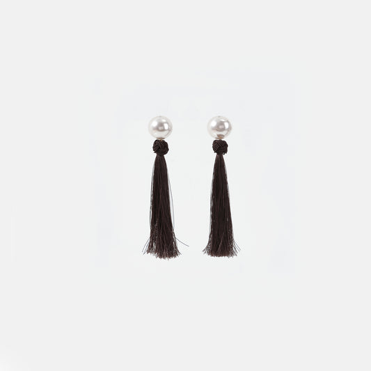 White pearl with dark brown knotted tassel drop earrings
