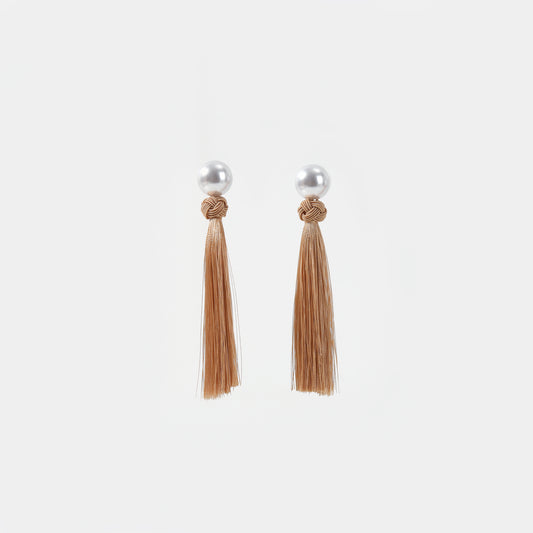White pearl with light tan knotted tassel drop earrings