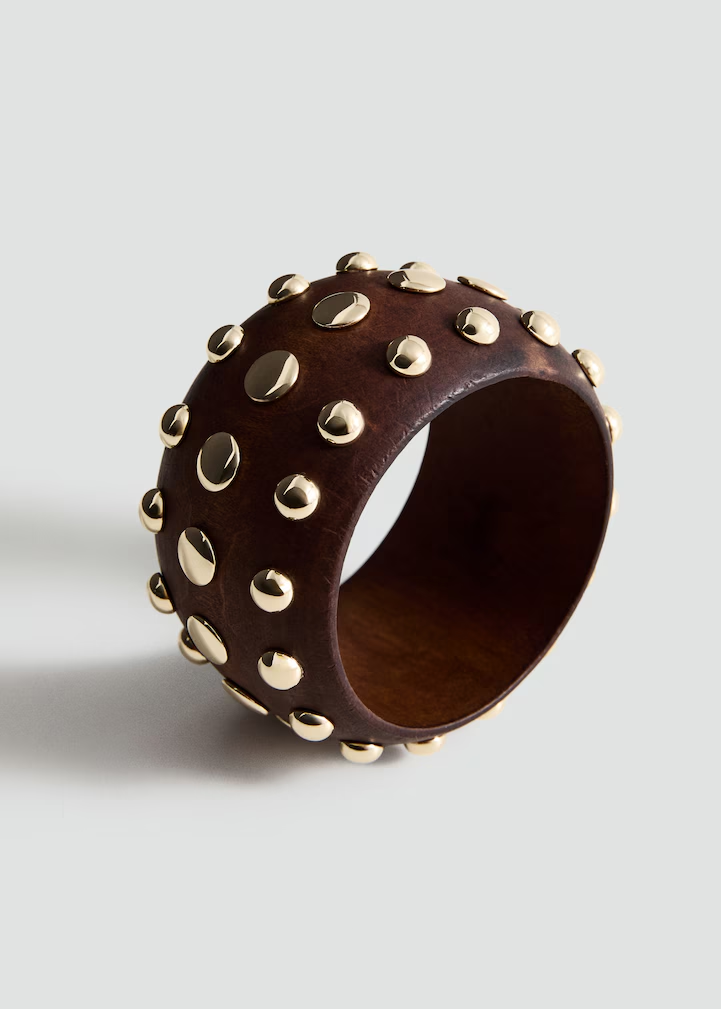 Wide Brown Leather Gold Studded Bangle Bracelet