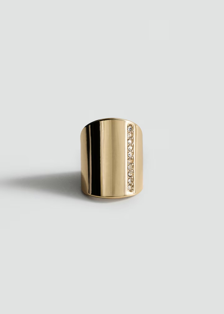 Wide Polished Gold Band Vertical Pavé Crystal Statement Ring