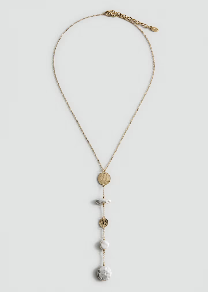 Y-Drop Irregular Pearl & Hammered Coin Long Necklace