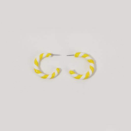Yellow-and-White Twisted Ceramic C-shaped Hoop Earrings